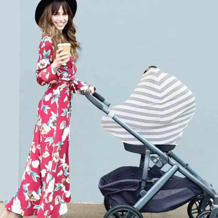 Mom Boss 4-in-1 Multi-Use Nursing Cover + Car Seat Cover - Heather Gray Stripe