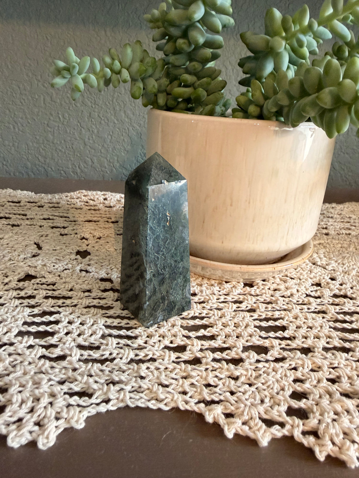 Moss Agate 4 Sided Obelisk (~3in/7.5cm)