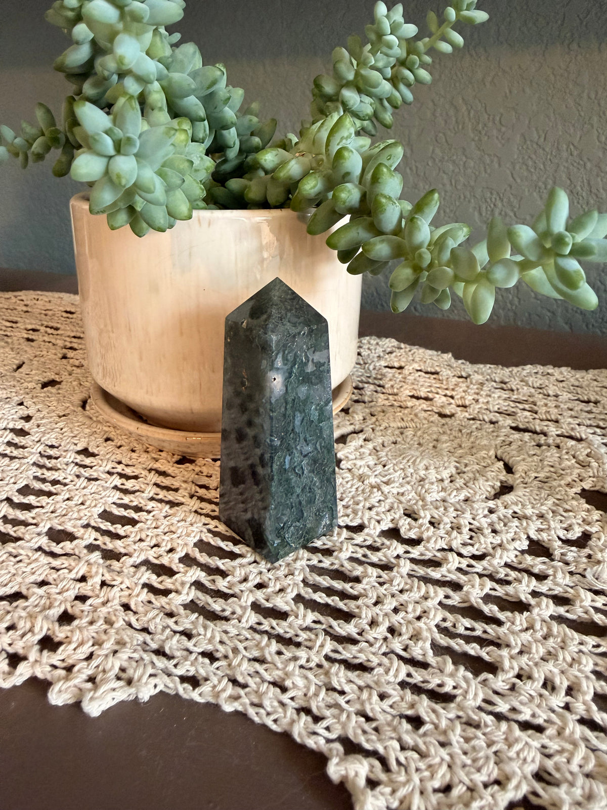 Moss Agate 4 Sided Obelisk (~3in/7.5cm)