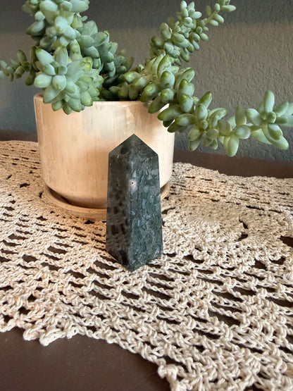 Moss Agate 4 Sided Obelisk (~3in/7.5cm)
