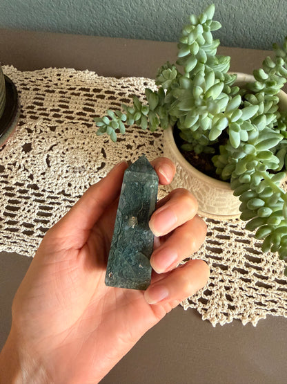 Moss Agate 4 Sided Obelisk (~3in/7.5cm)