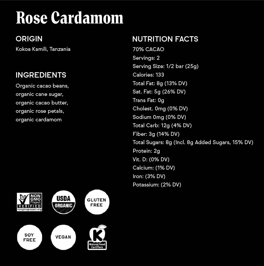 70% Cacao Rose Cardamom Chocolate Bar  - Limited Edition