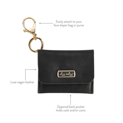 Mini Wallet, Card Holder + Keychain Charm - Black